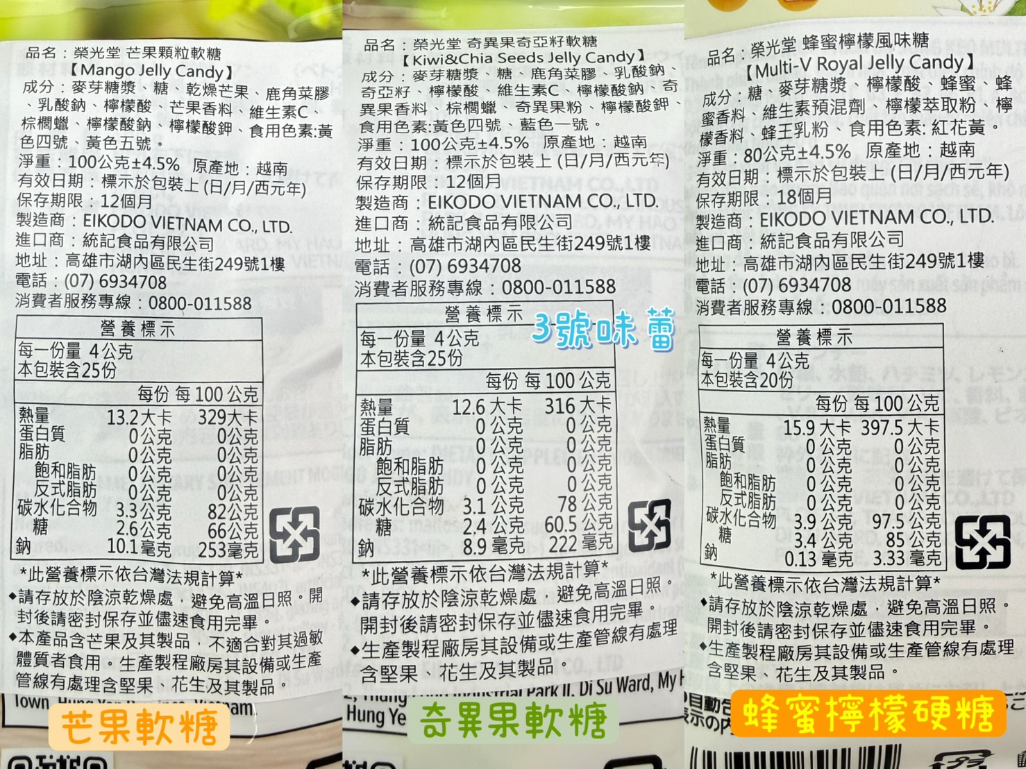 榮光堂-芒果顆粒軟糖、奇異果奇亞籽軟糖、蜂蜜檸檬風味糖(原封包)